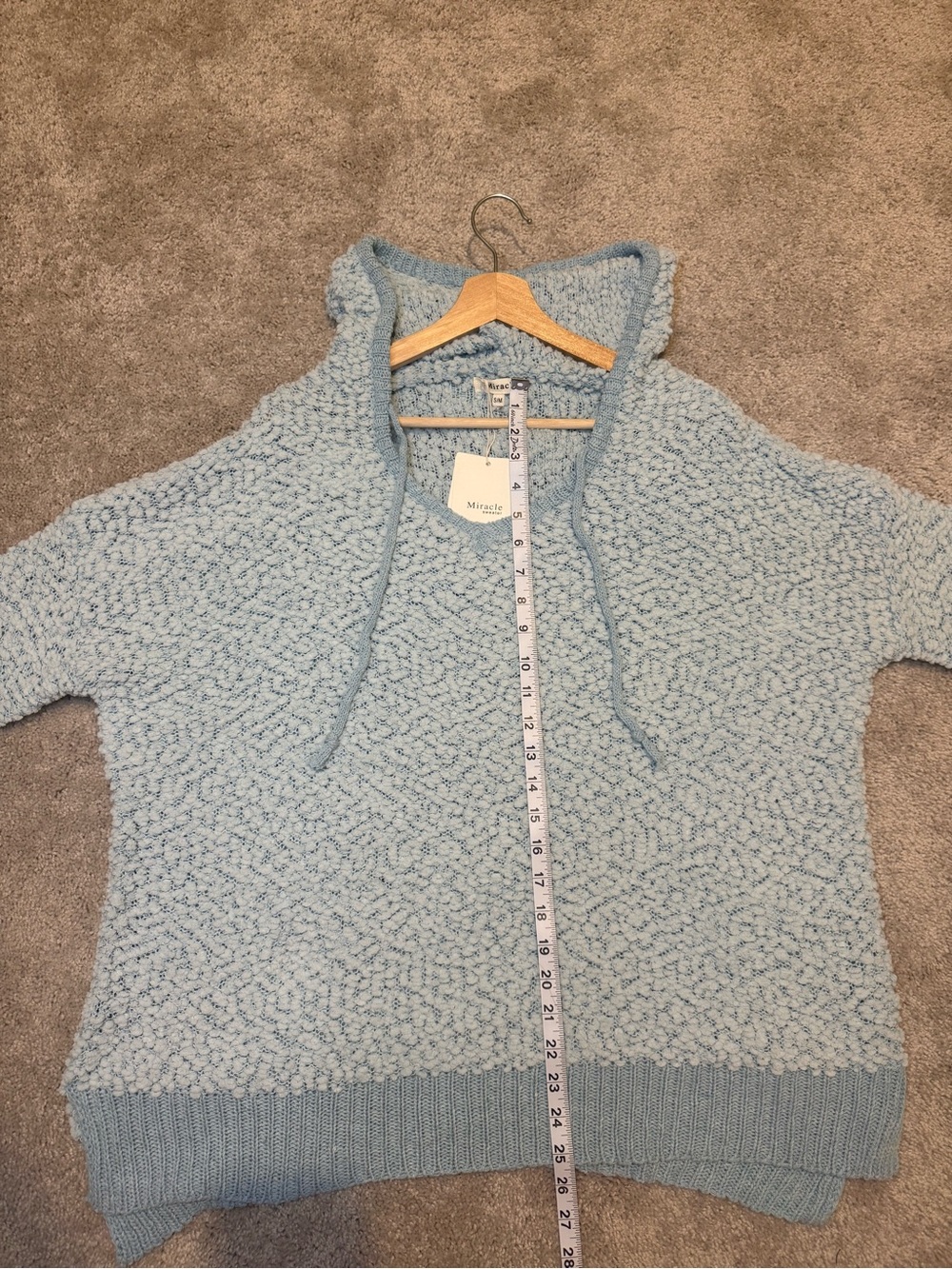 NWT Miracle Brand Light Blue Popcorn Knit Hooded Sweater| S/M Cotton Blend - Picture 6 of 7